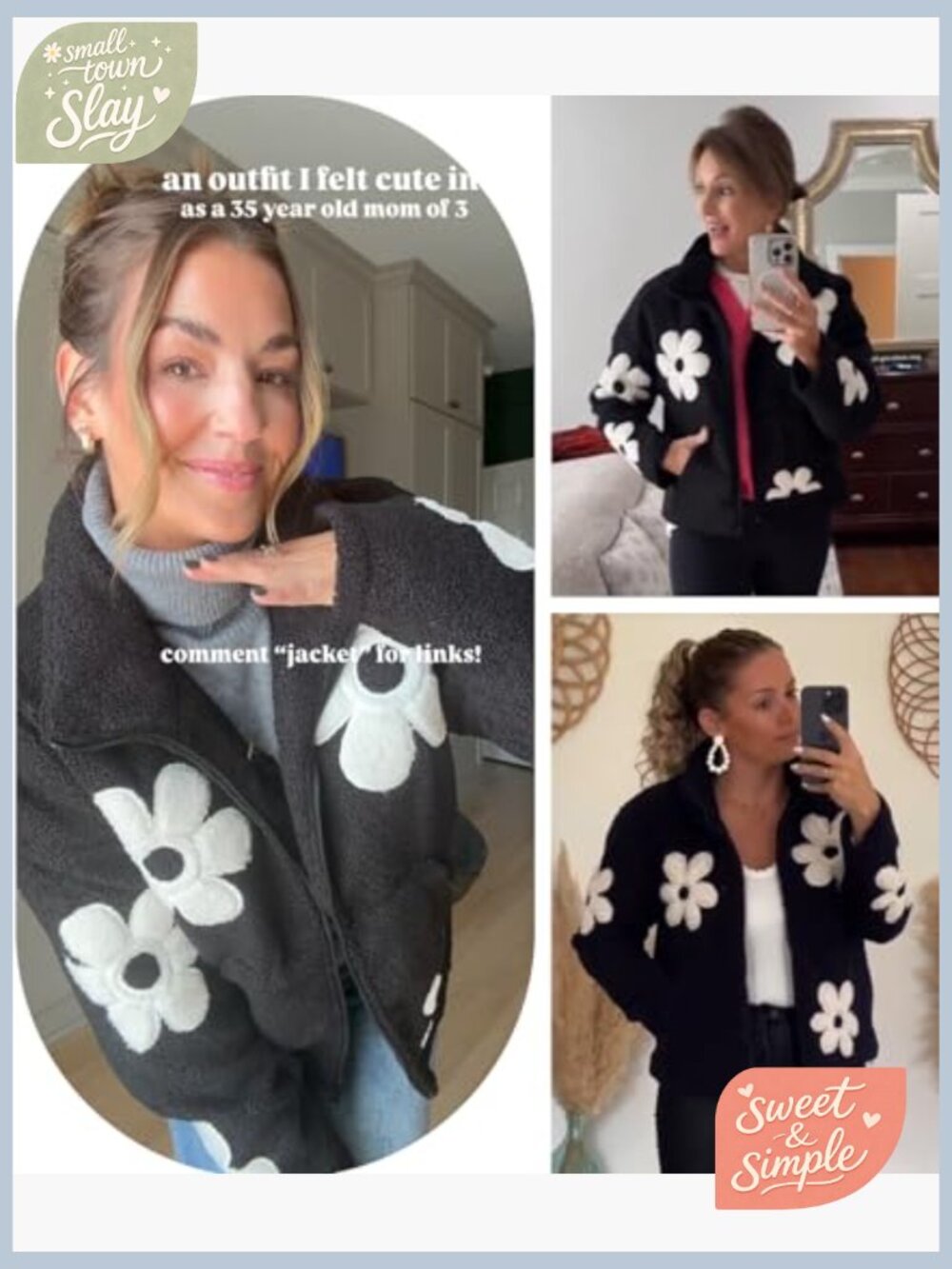 Floral Sherpa Fleece Jacket Cropped Zip Up Long Sleeve Winter Coat - Picture 5 of 7